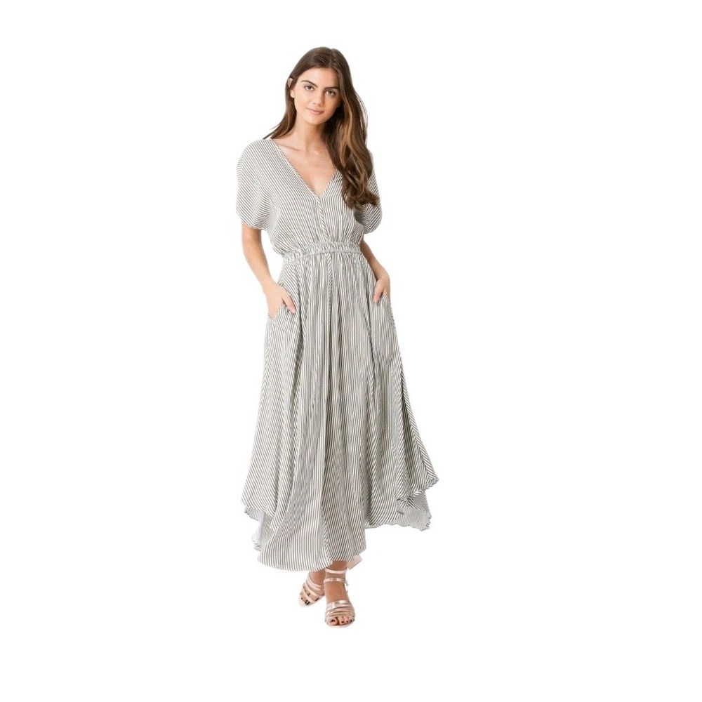 Hale Bob Beige Twill Fit & Flare Maxi Dress V Neck  Striped Sz Large  84NT6523